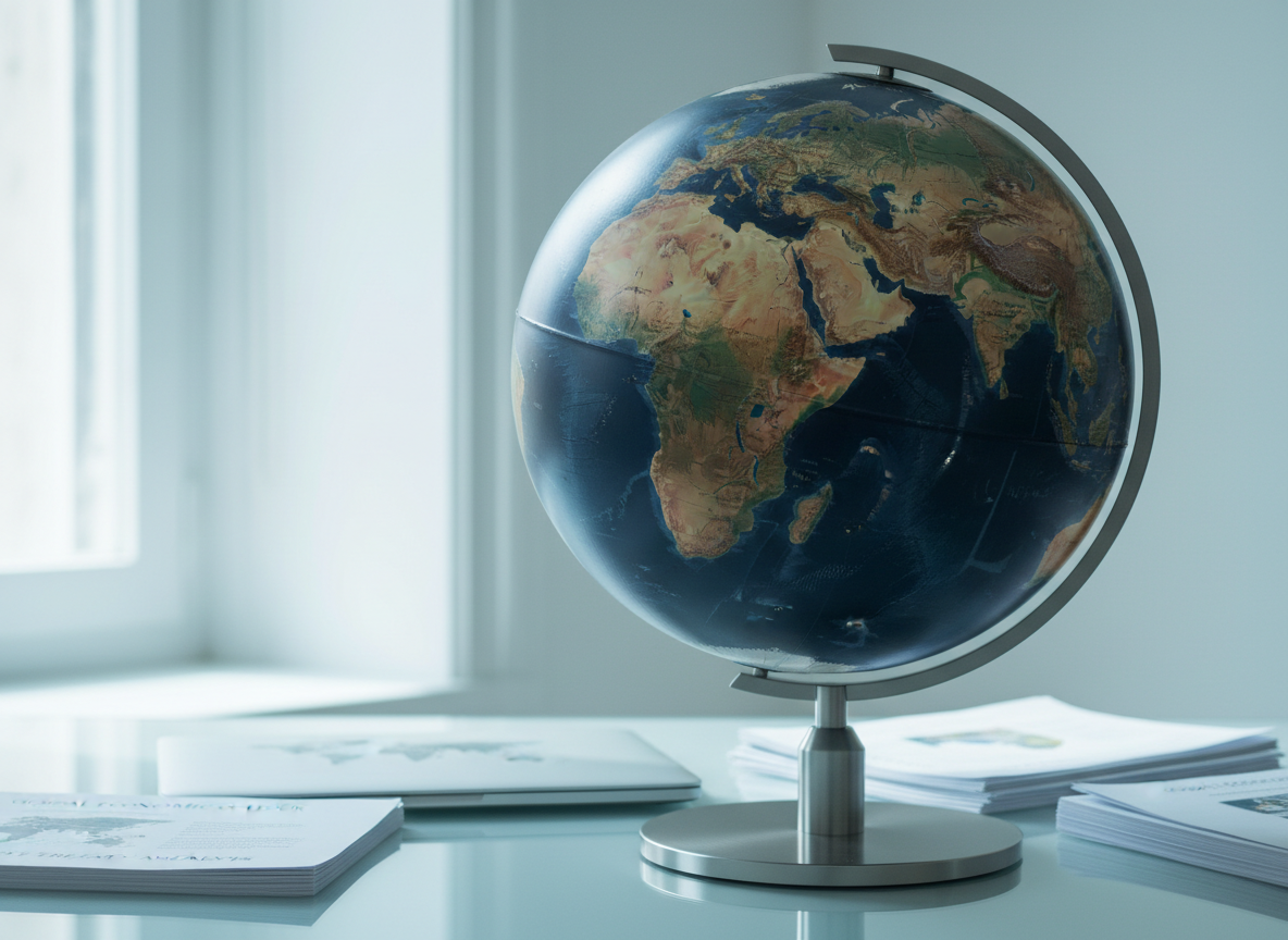 A large, detailed globe with clearly defined continents, textured oceans in deep navy blue, and subtle topographical relief stands on a sleek brushed-metal base. It is placed at the center of a minimalist glass desk, surrounded by neatly stacked policy reports and a slim, closed laptop displaying a faint world map reflection on its lid. Soft, cool daylight from an unseen window washes across the surface, creating crisp highlights on the globe and gentle shadows beneath the documents. Photographic realism with an eye-level composition, sharp focus throughout, and a professional, analytical mood, capturing the essence of global affairs coverage for an international relations news site.