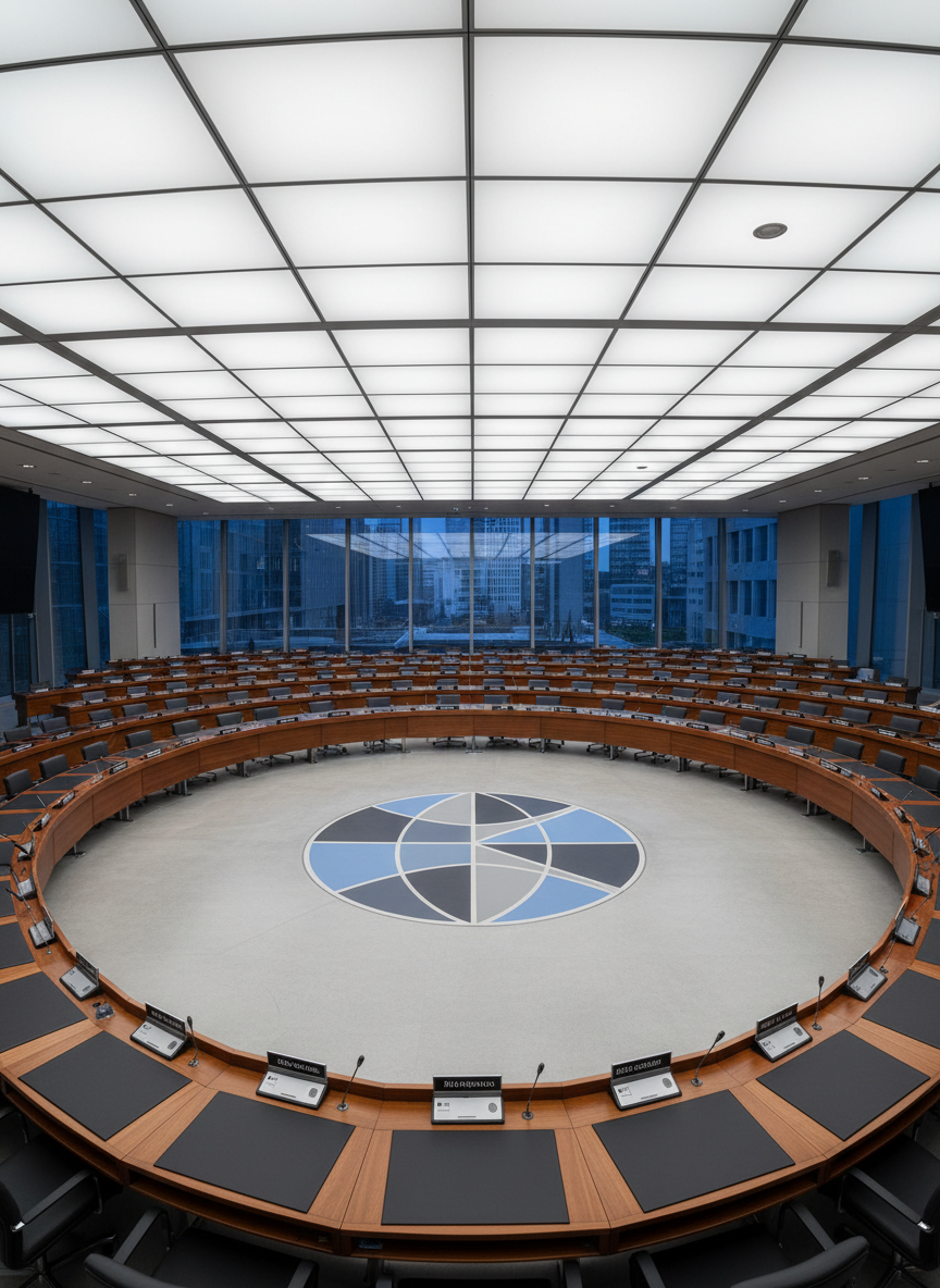 An expansive panoramic view of a modern conference hall dominated by a semicircle of polished wooden desks, each bearing small, unbranded metal nameplates and tiny desk microphones. In the center, a large round emblem on the floor shows abstract interlocking shapes suggesting global unity, rendered in muted blues and grays. Overhead, diffused ceiling lights create even, neutral illumination, minimizing harsh shadows and emphasizing clarity and order. Captured in photographic realism from a slightly elevated, wide-angle perspective, the composition emphasizes symmetry and institutional gravitas, conveying the serious, professional atmosphere of multilateral diplomacy and international negotiations.
