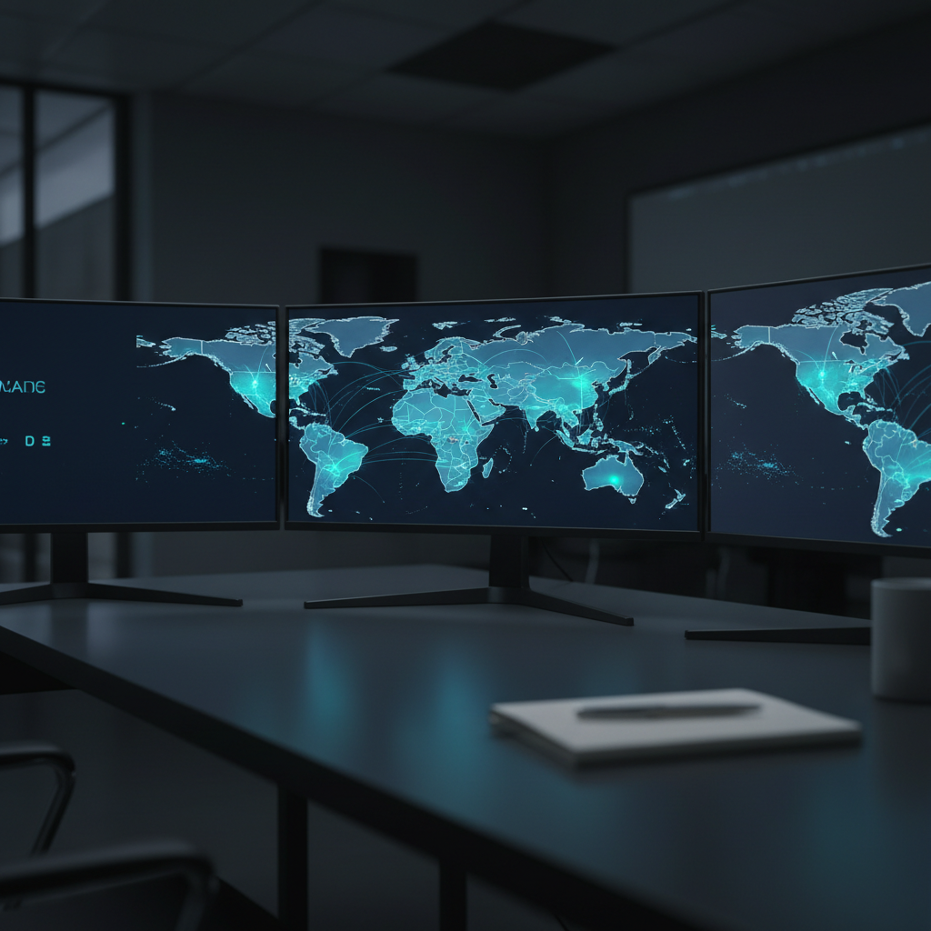 A close-up of a sleek, high-resolution digital world map displayed across multiple thin-bezel monitors set in a subtle curve on a dark matte desk surface. Countries are outlined in soft white, while key regions glow in varying shades of blue and teal, forming an intricate network of faint lines and nodes suggesting global connections and data flows. The room is dim, illuminated primarily by the cool light of the screens, casting gentle blue reflections onto the desk and surrounding minimalist objects like a plain notebook and a simple metal pen. Photographic realism, shallow depth of field, and a professional, analytical atmosphere suitable for a global news command center.