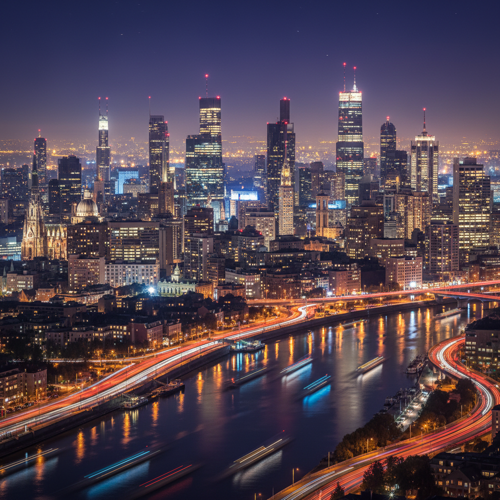 A nighttime cityscape featuring multiple recognizable but generic global skylines blended into one, with illuminated towers, domes, and communication antennas rising against a deep indigo sky. In the foreground, a reflective river mirrors scattered colorful lights in streaks of gold, white, and cool blue. Tiny red signal lights blink atop the highest structures, and a subtle haze softens the far distance. Photographic realism with long-exposure style light trails from unseen traffic creates dynamic energy. Shot from a high vantage point with a wide-angle lens, the image evokes the interconnectedness and constant motion of world capitals central to international relations coverage.